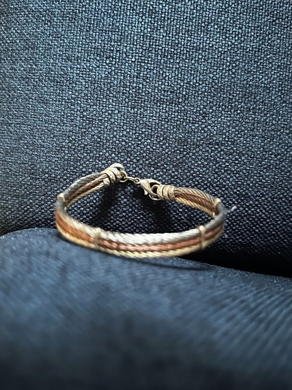 Tri-Color Gold, Copper and Silver Twisted Cable Wire Bracelet with Lobster Clasp
